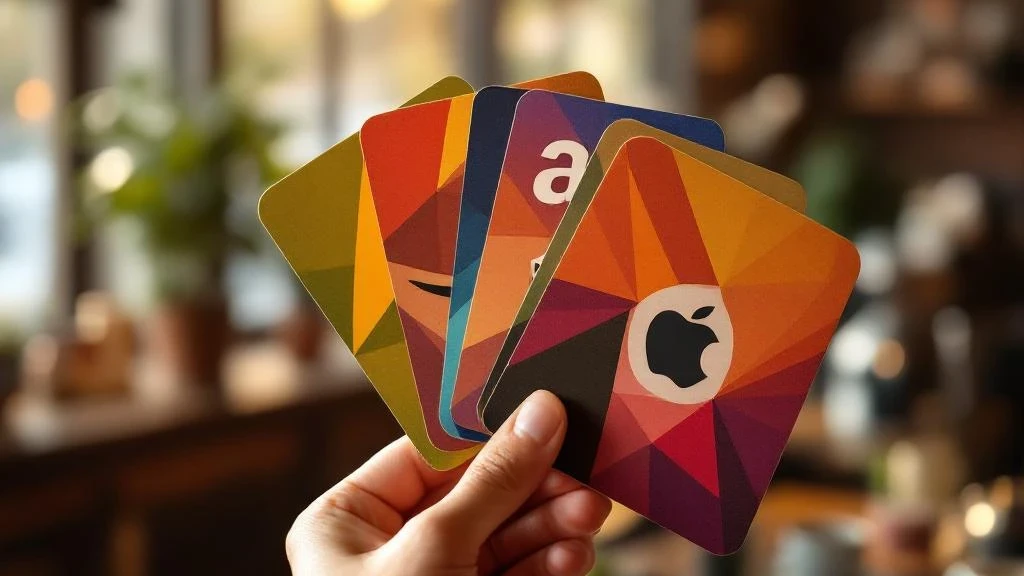 Hand holding colorful gift cards in a coffee shop
