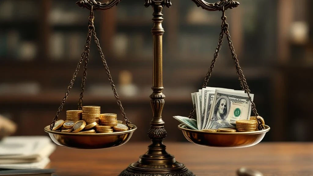 Balance scale weighing crypto coins against dollar bills