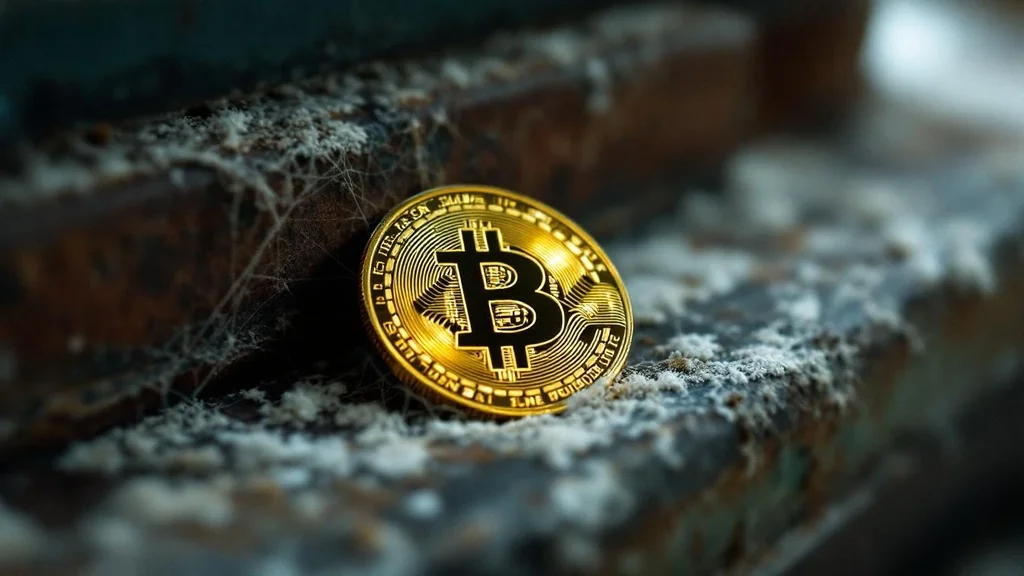 Dusty Bitcoin coin on forgotten shelf
