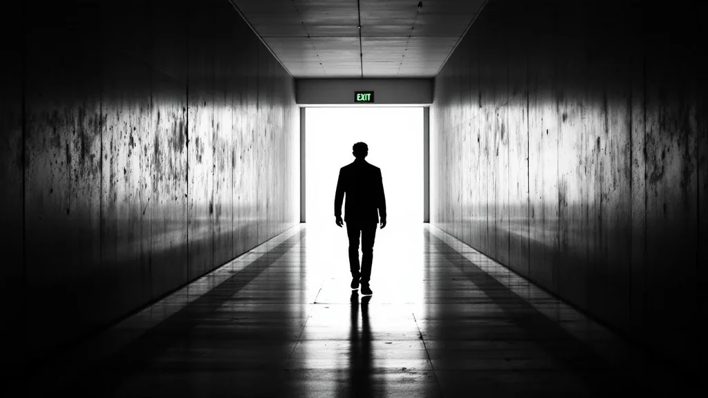 Silhouette at end of corridor facing exit light