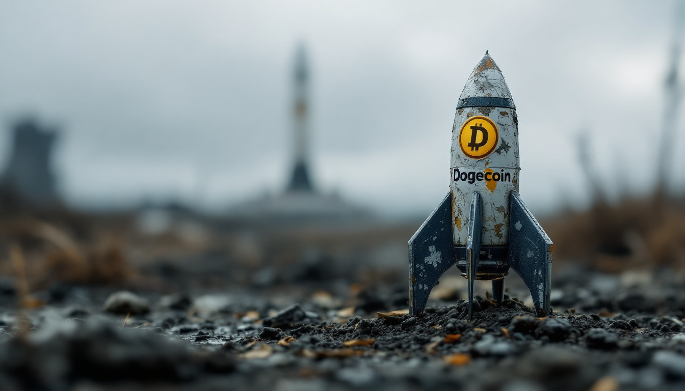 A dusty toy rocket with a peeling Dogecoin sticker — the DOGE-1 mission that never launched