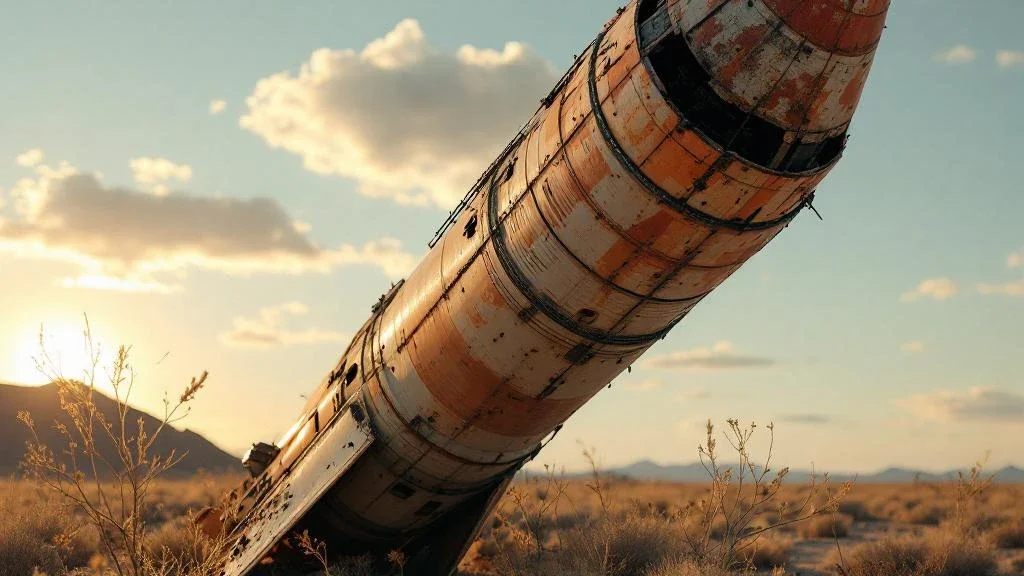 A dusty toy rocket with a peeling Dogecoin sticker — the DOGE-1 mission that never launched