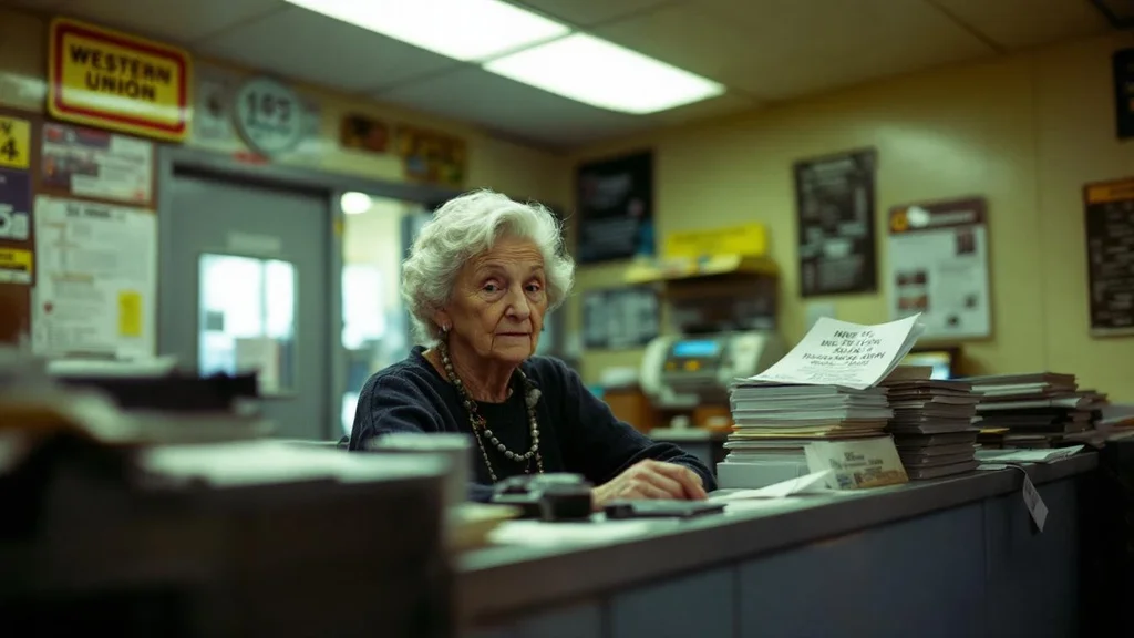 Elderly woman at money transfer counter