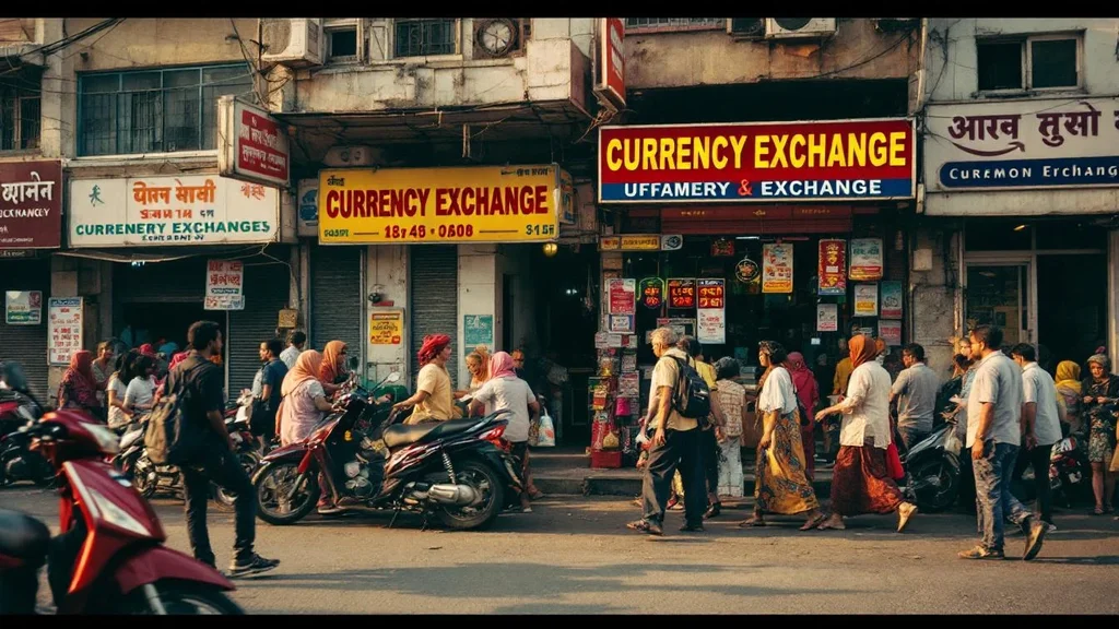 Busy street with currency exchange shop