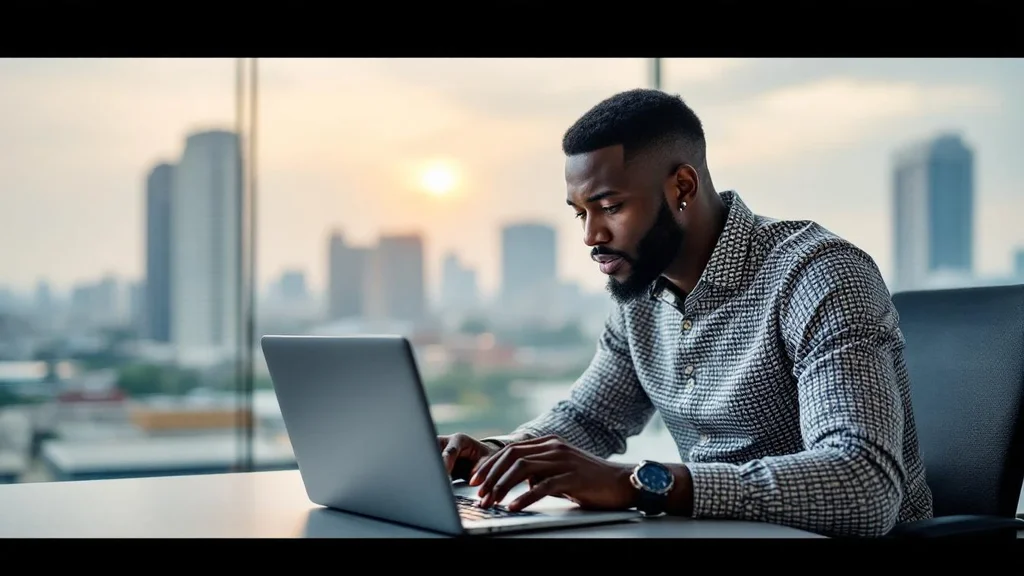 Nigerian man in office looking at laptop