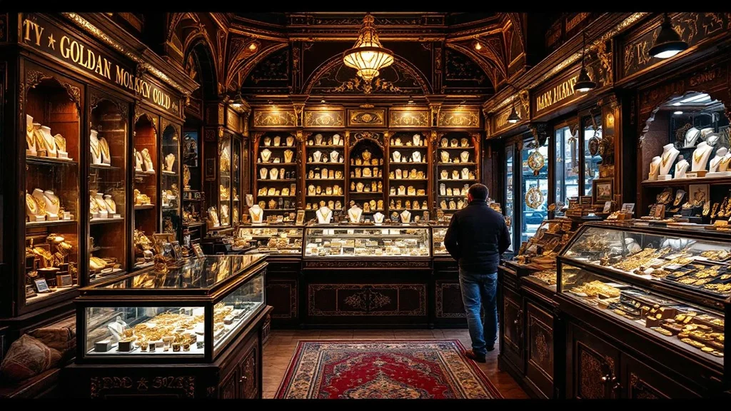 Turkish gold bazaar with jewelry in glass cases