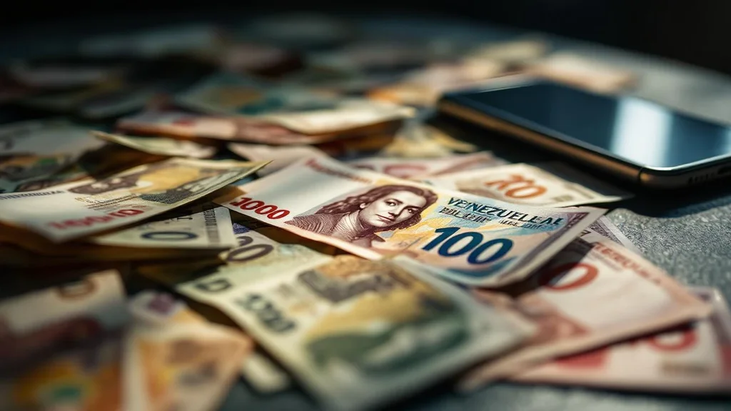 Venezuelan banknotes scattered next to smartphone