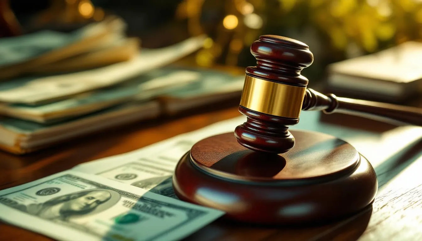 Gavel on mahogany desk with government documents and US dollar bills