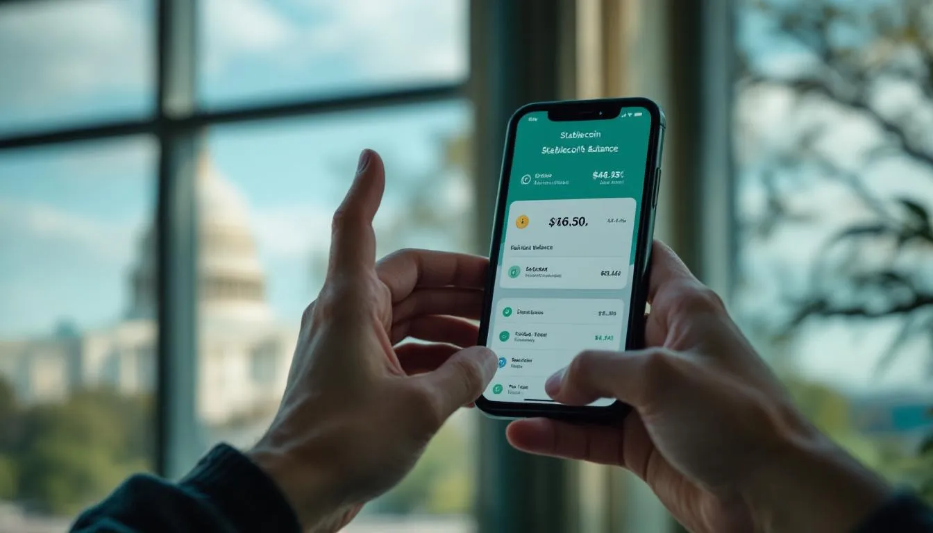 Hands holding smartphone with stablecoin wallet, US Capitol building in background