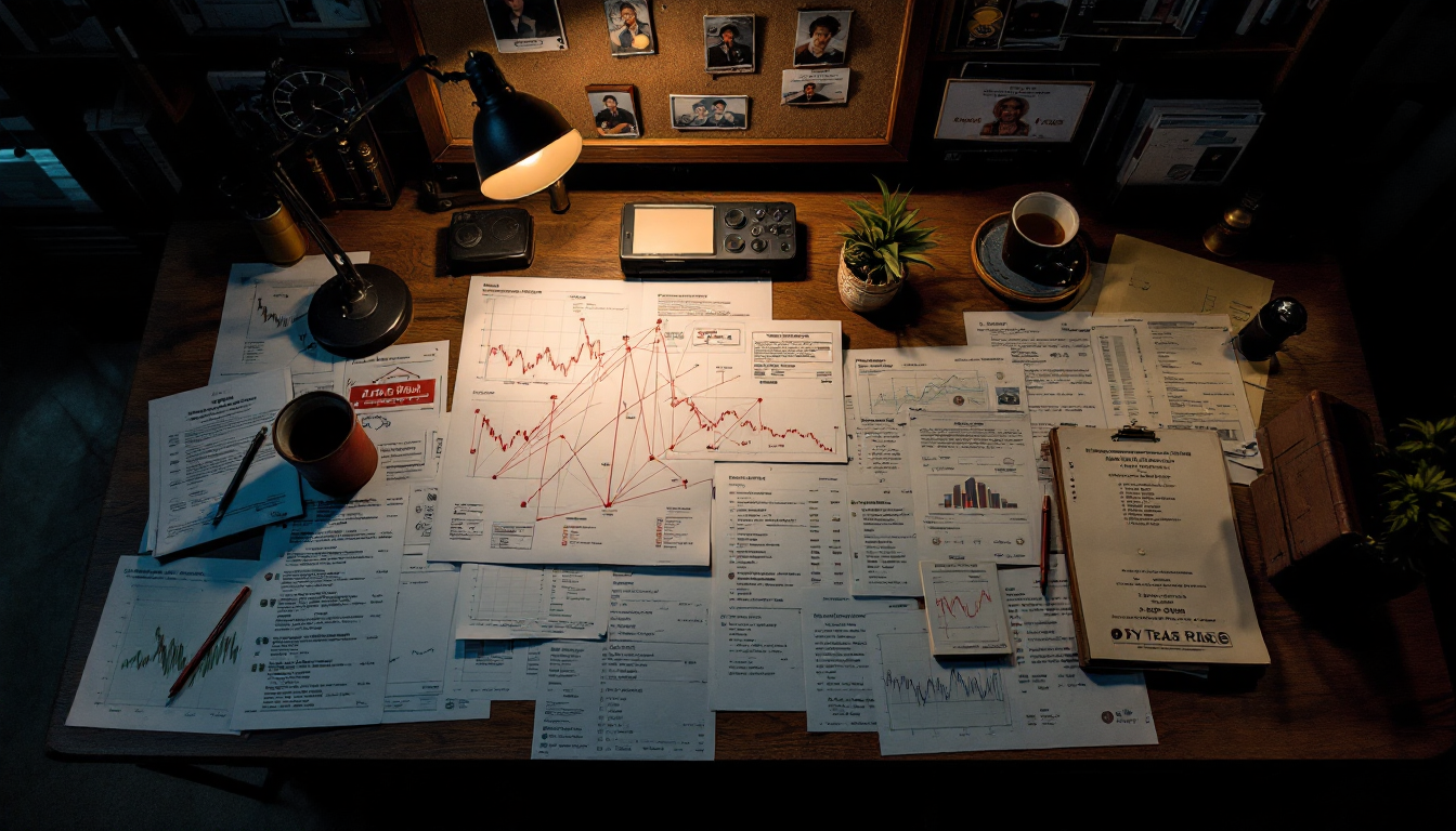 A detective's desk with blockchain transaction graphs and red strings connecting wallet addresses — behavioral analysis at work