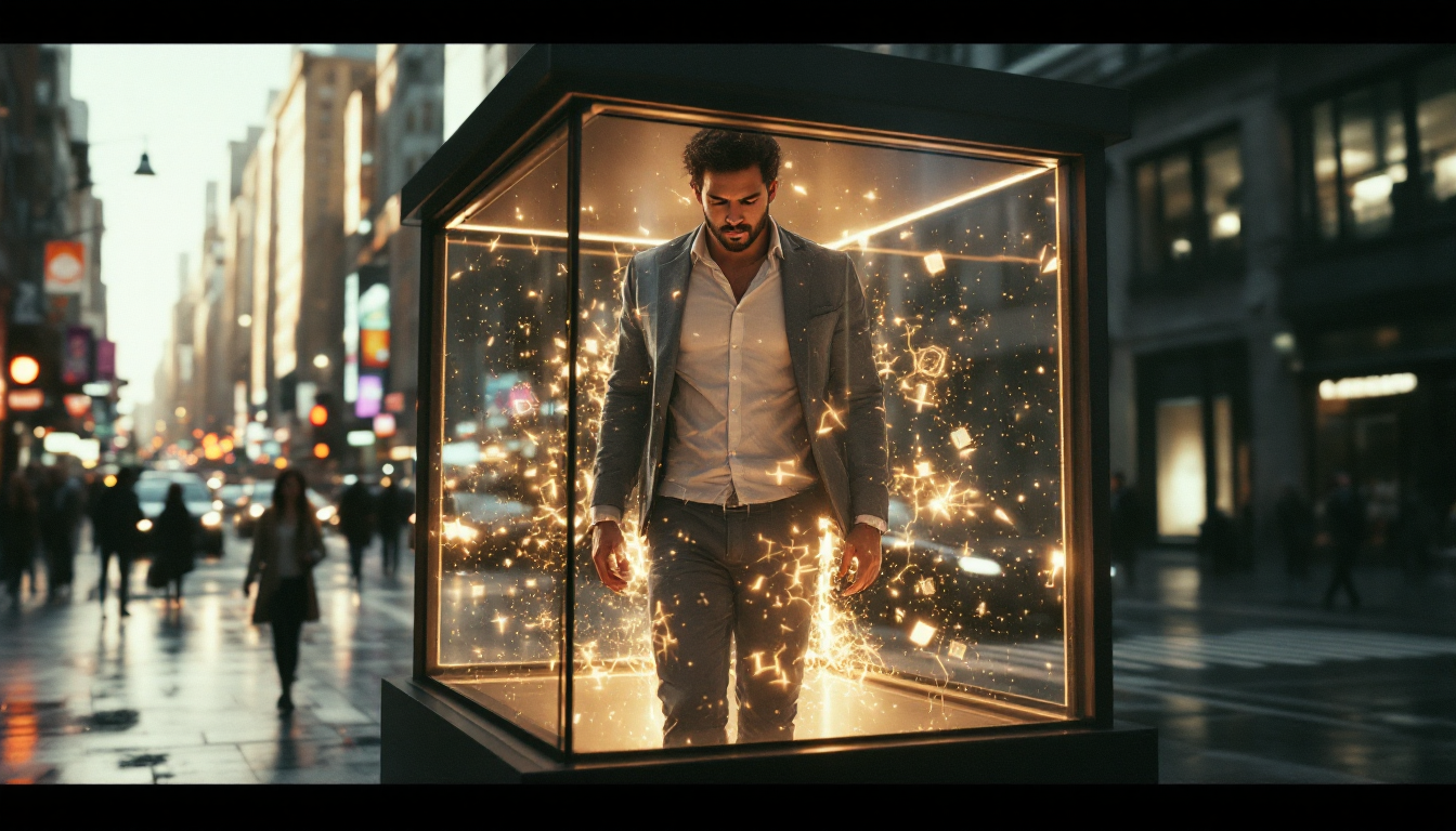 A person in a glass cube on a city street — your finances on the blockchain are visible to everyone