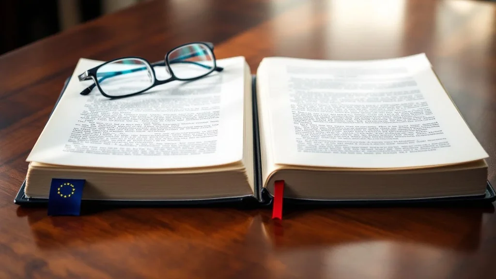 Legal documents with EU and US flags on desk