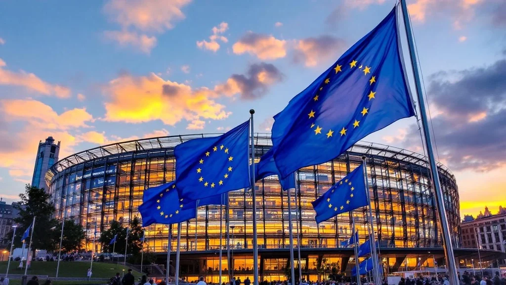 European Parliament building at dusk