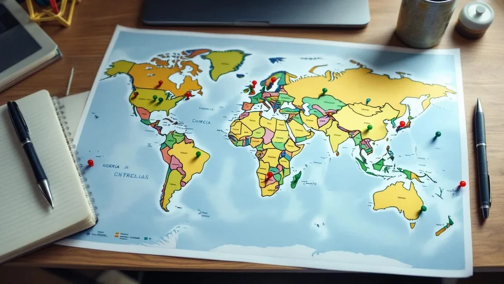 World map with colored pins marking countries