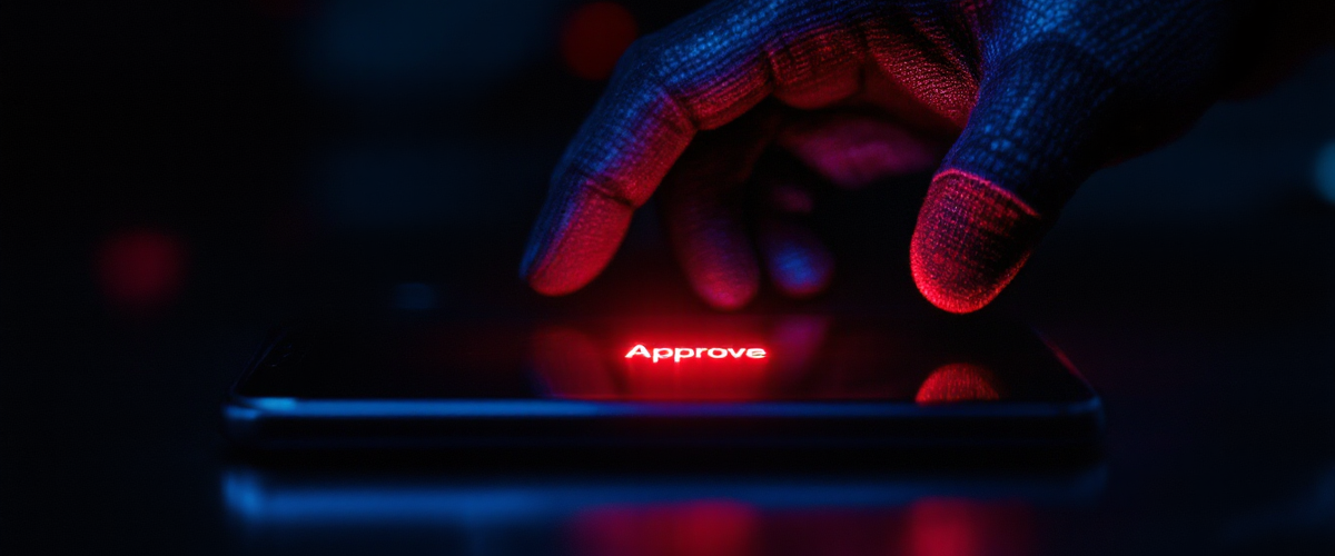 A finger hovering over an Approve button — one tap can grant permanent access to your wallet