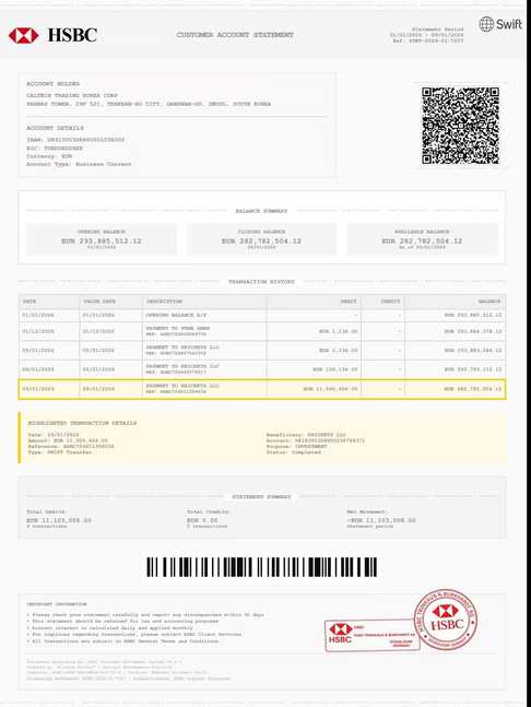 Suspected forged HSBC bank statement referencing CALTECH TRADING KOREA CORP