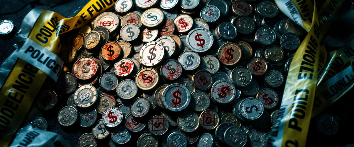 Coins marked with red stamps surrounded by evidence tape — tainted USDT that Tether can freeze permanently