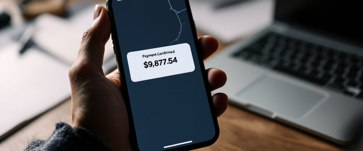 A phone displaying a fake bank transfer confirmation — the most common P2P scam tool