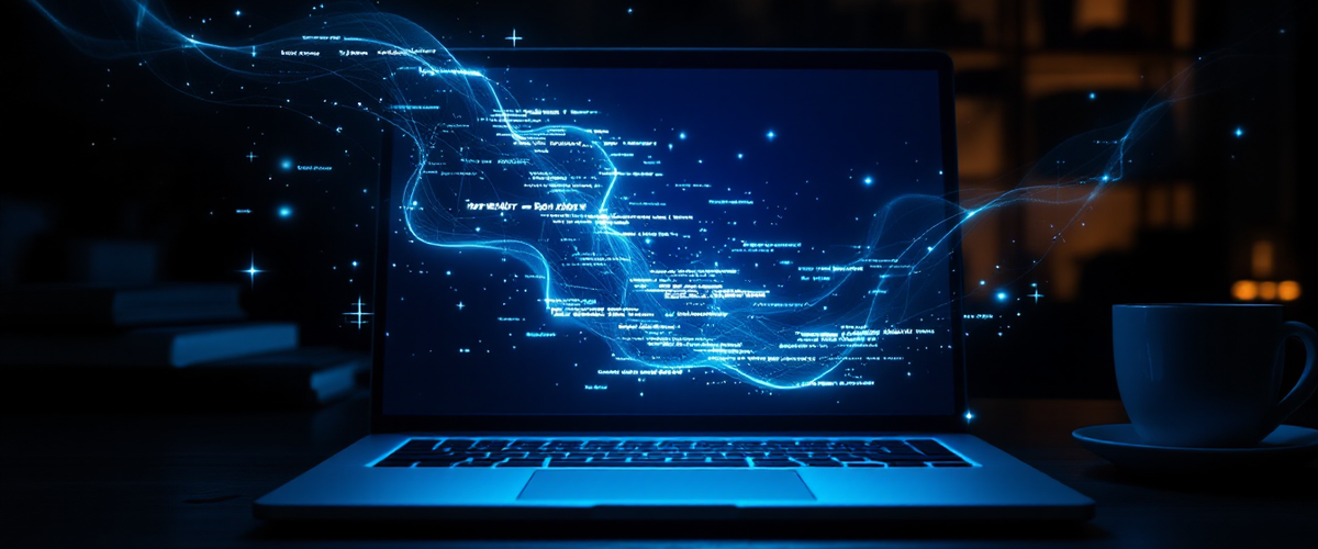 A laptop in a dark room with digital artifacts suggesting hidden malware monitoring clipboard activity