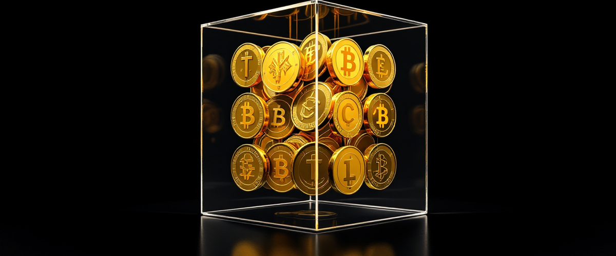 Coins trapped inside a glass box with no opening — a visual metaphor for multi-sig honeypot wallets