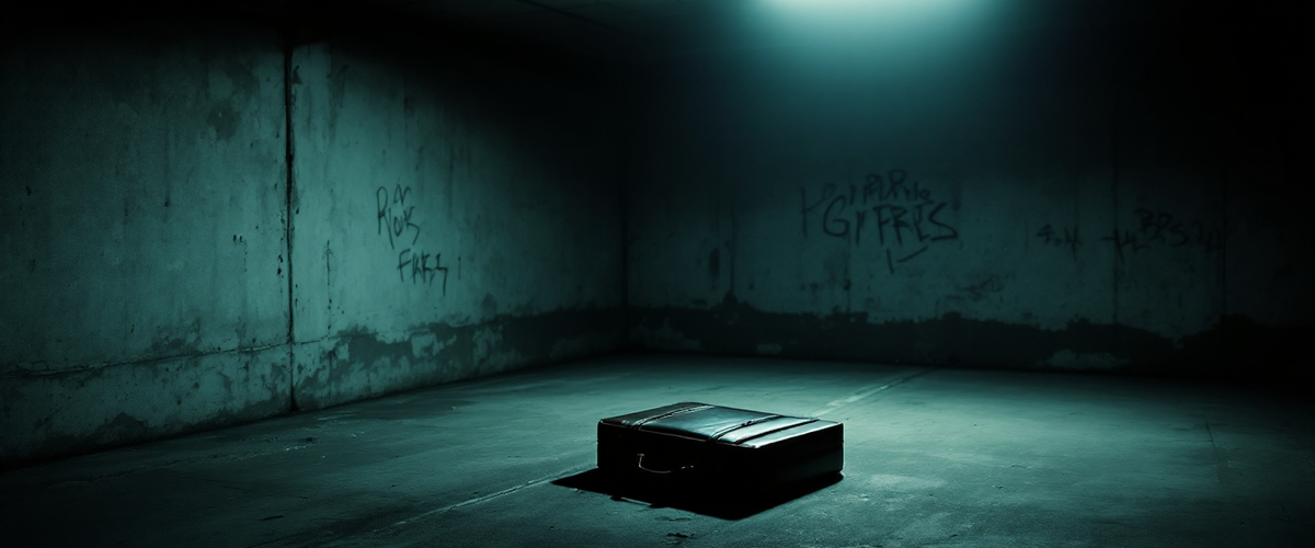 A lone briefcase under a parking garage light — face-to-face crypto trades carry physical risks