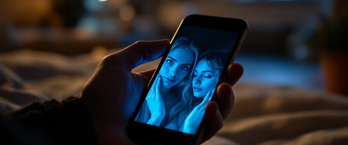 A phone glowing in a dark room with unsolicited messages — recovery scammers target people who have already been victimized