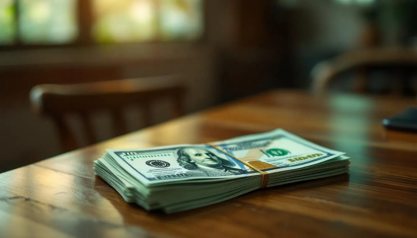 US dollar bills next to smartphone on wooden table in developing country cafe