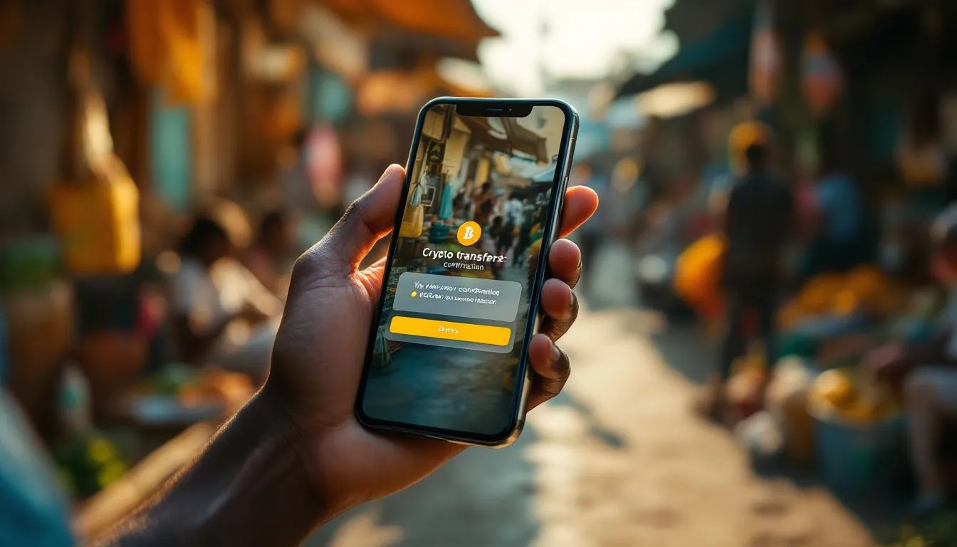 Hands holding smartphone showing crypto transfer at busy African street market