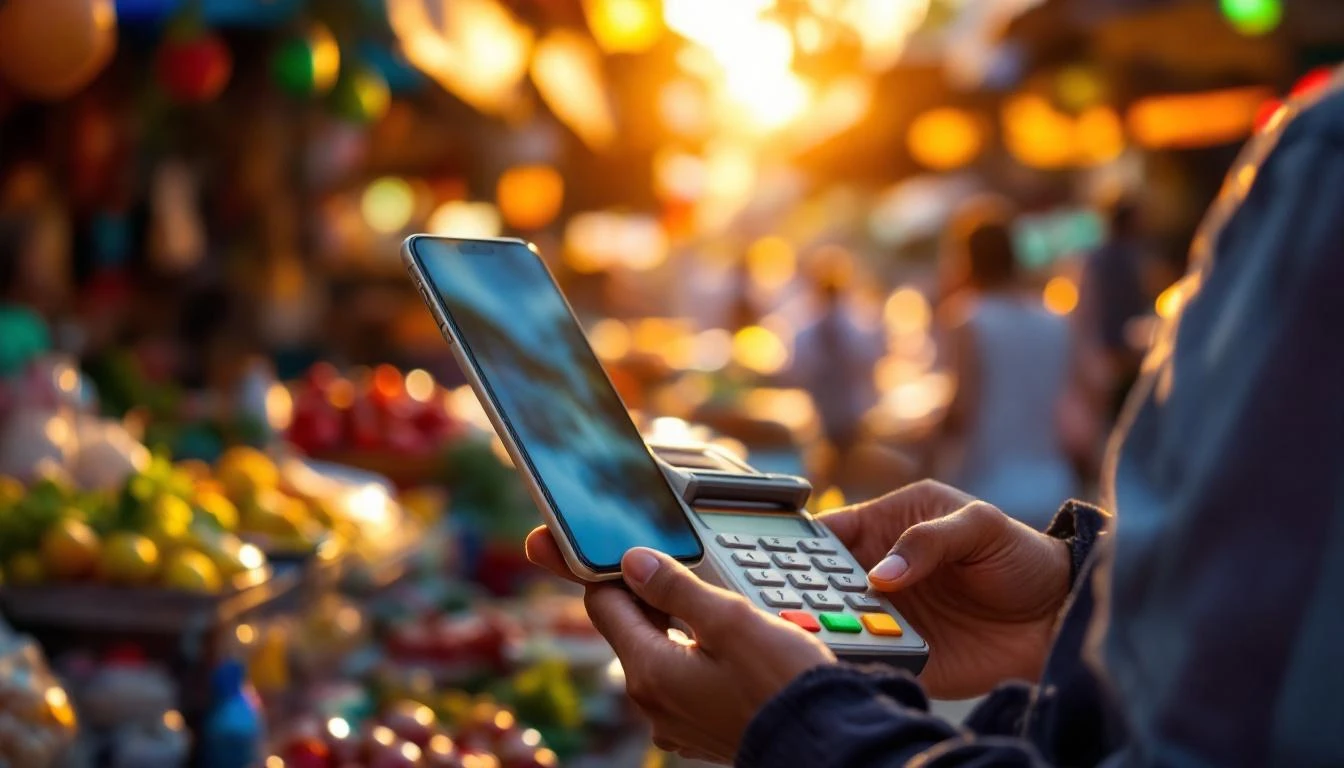 Hand tapping phone on payment terminal at a street market